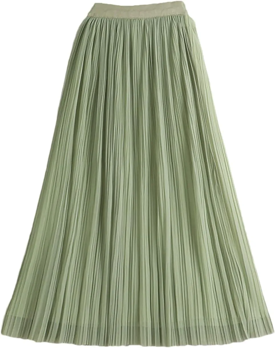 Reversible Tulle Midi Long Skirt Women Summer Solid High Waist Pleated Mid-Length Skirt Female