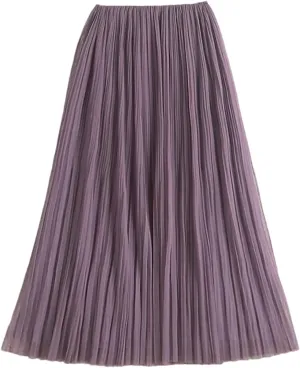 Reversible Tulle Midi Long Skirt Women Summer Solid High Waist Pleated Mid-Length Skirt Female