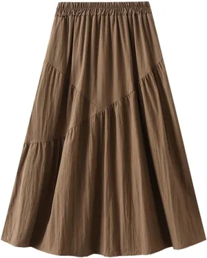 Ruffle Midi Skirts for Women Elastic Waist Pleated Swing Skirt Trendy Business Solid Color Casual A-Line Skirts