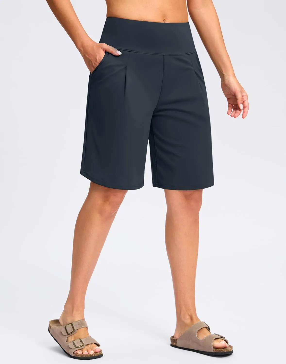 SANTINY Bermuda Shorts for Women Knee Length 9" High Waisted Pleated Casual Long Shorts with Pockets Walking Workout Athletic