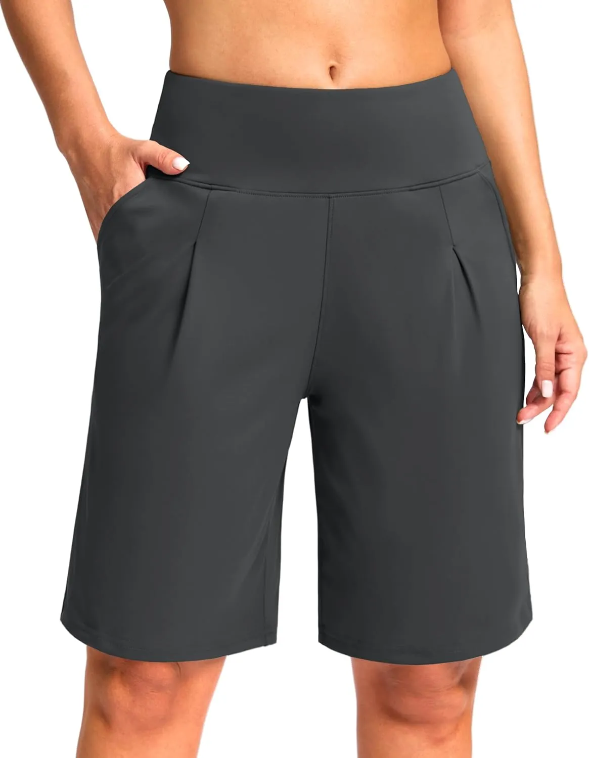 SANTINY Bermuda Shorts for Women Knee Length 9" High Waisted Pleated Casual Long Shorts with Pockets Walking Workout Athletic