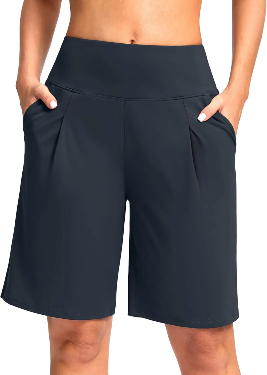 SANTINY Bermuda Shorts for Women Knee Length 9" High Waisted Pleated Casual Long Shorts with Pockets Walking Workout Athletic