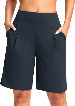 SANTINY Bermuda Shorts for Women Knee Length 9" High Waisted Pleated Casual Long Shorts with Pockets Walking Workout Athletic