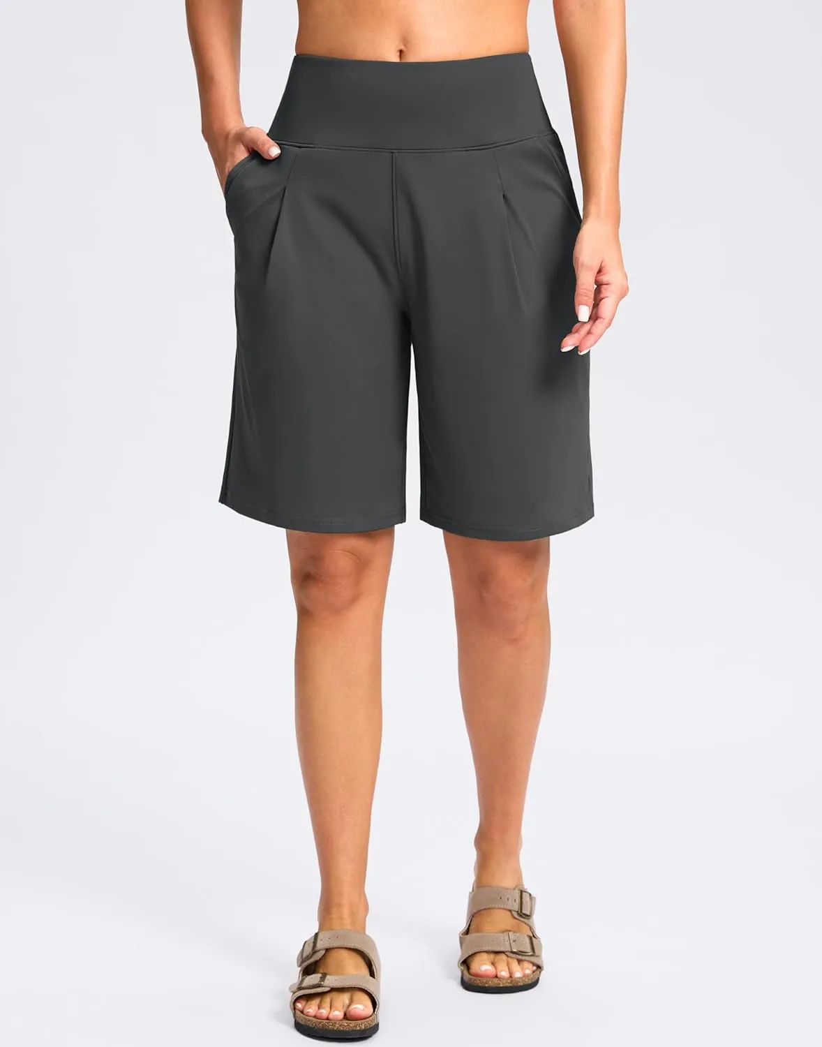 SANTINY Bermuda Shorts for Women Knee Length 9" High Waisted Pleated Casual Long Shorts with Pockets Walking Workout Athletic