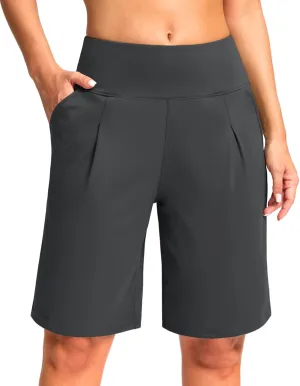 SANTINY Bermuda Shorts for Women Knee Length 9" High Waisted Pleated Casual Long Shorts with Pockets Walking Workout Athletic