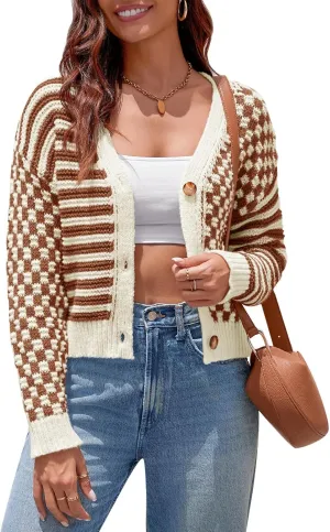 Saodimallsu Womens Checkered Cardigan Sweaters Striped Cropped Button Fall Trendy Open Front Knit Sweater Coats