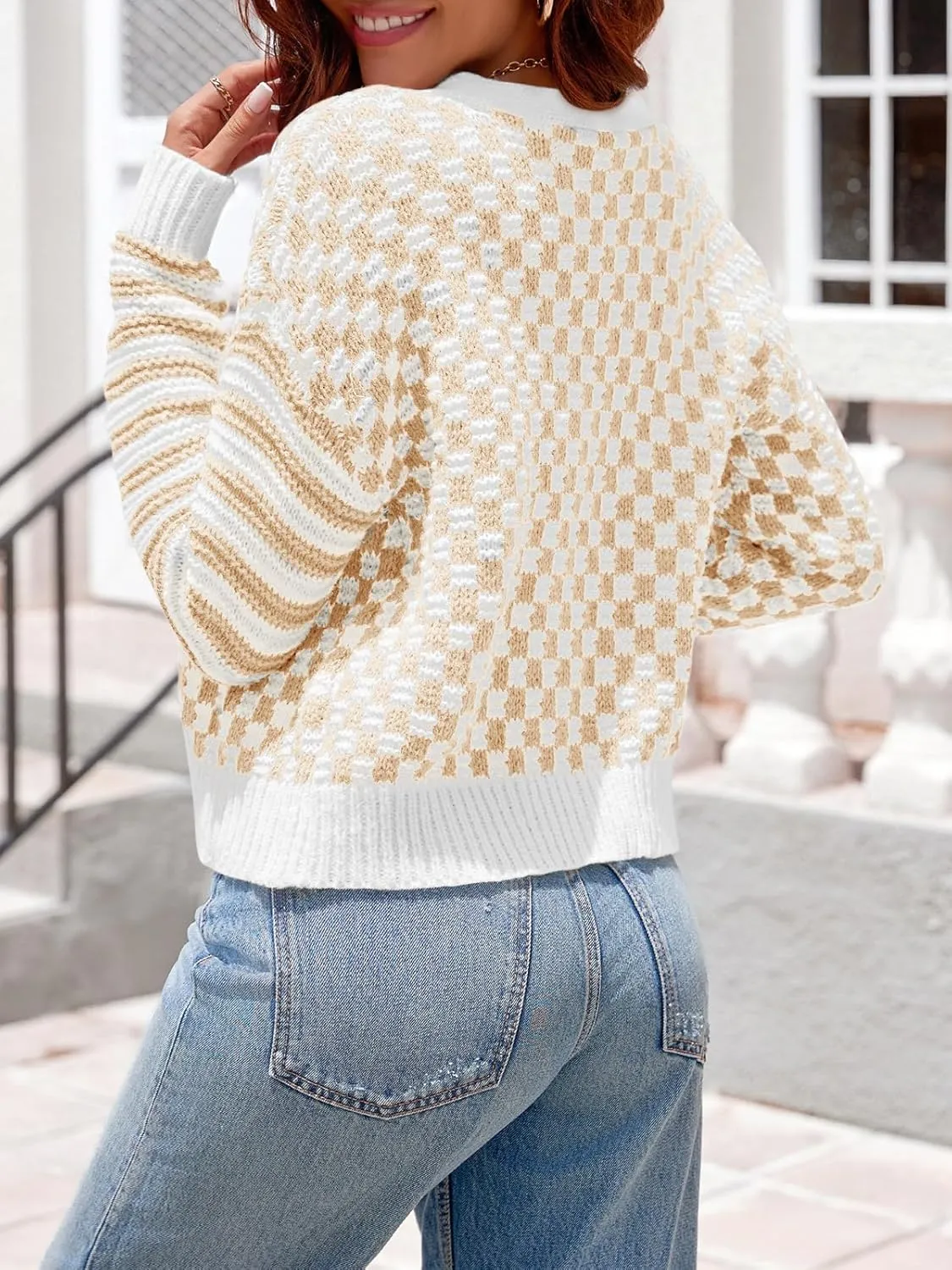 Saodimallsu Womens Checkered Cardigan Sweaters Striped Cropped Button Fall Trendy Open Front Knit Sweater Coats