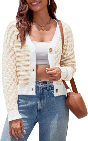 Saodimallsu Womens Checkered Cardigan Sweaters Striped Cropped Button Fall Trendy Open Front Knit Sweater Coats