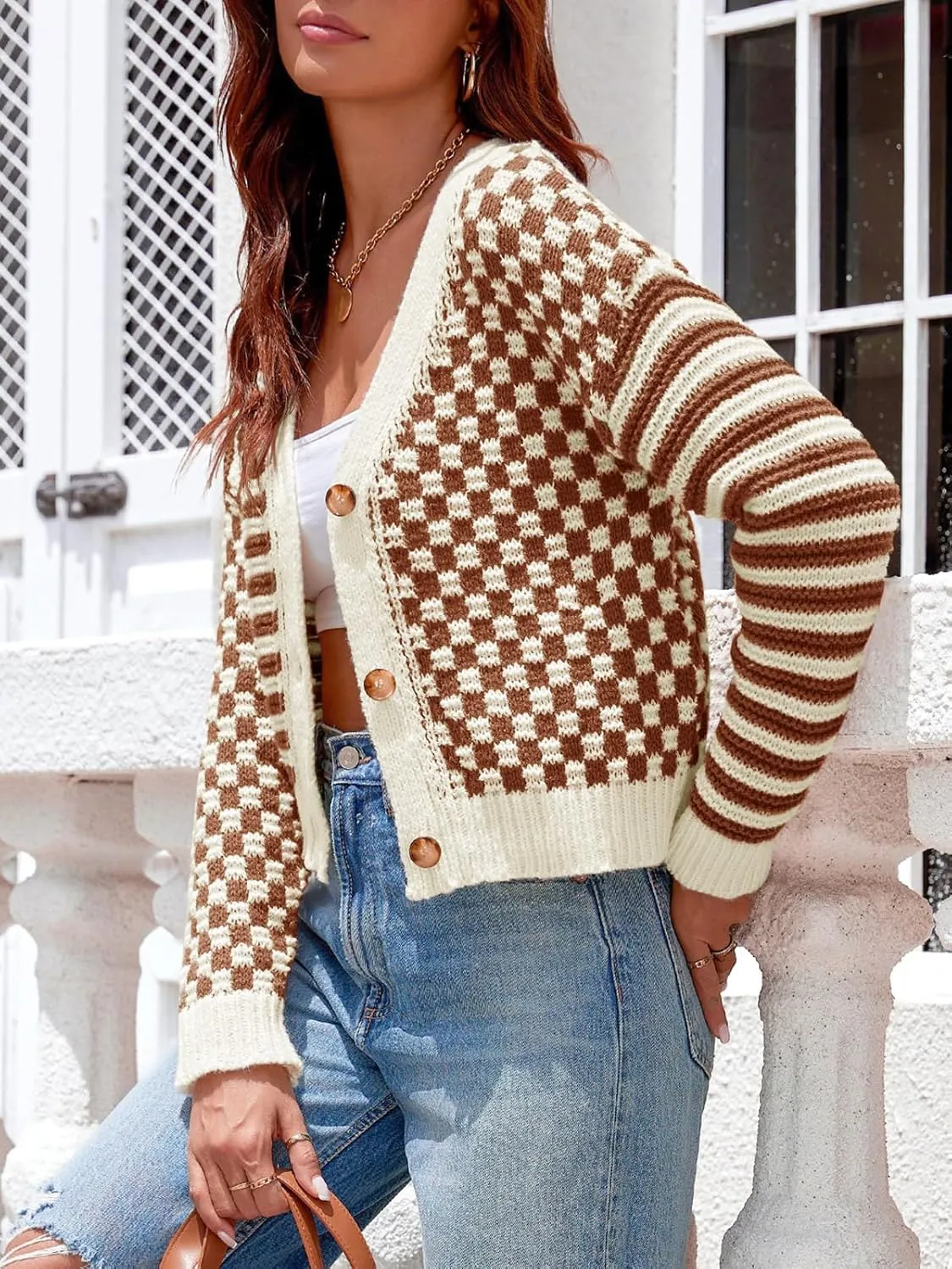 Saodimallsu Womens Checkered Cardigan Sweaters Striped Cropped Button Fall Trendy Open Front Knit Sweater Coats