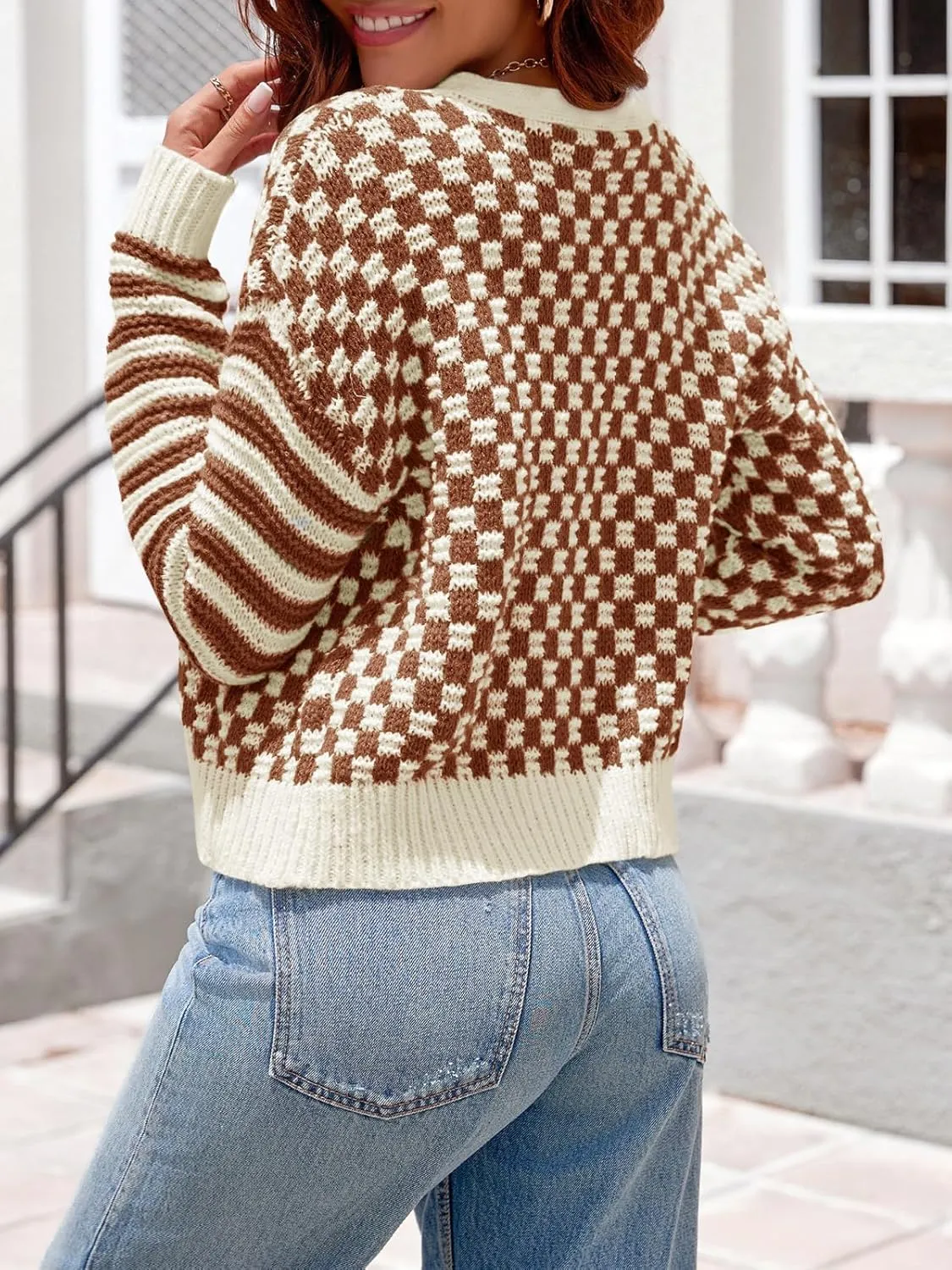 Saodimallsu Womens Checkered Cardigan Sweaters Striped Cropped Button Fall Trendy Open Front Knit Sweater Coats