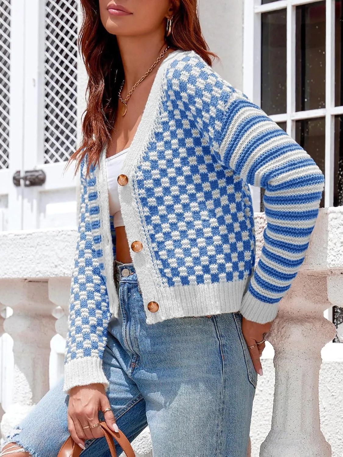 Saodimallsu Womens Checkered Cardigan Sweaters Striped Cropped Button Fall Trendy Open Front Knit Sweater Coats