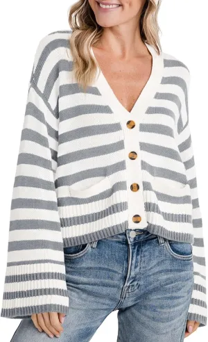 Saodimallsu Womens Striped Cardigan Sweaters Cropped Fall Button Open Front Long Sleeve Knit Sweater Coat with Pockets