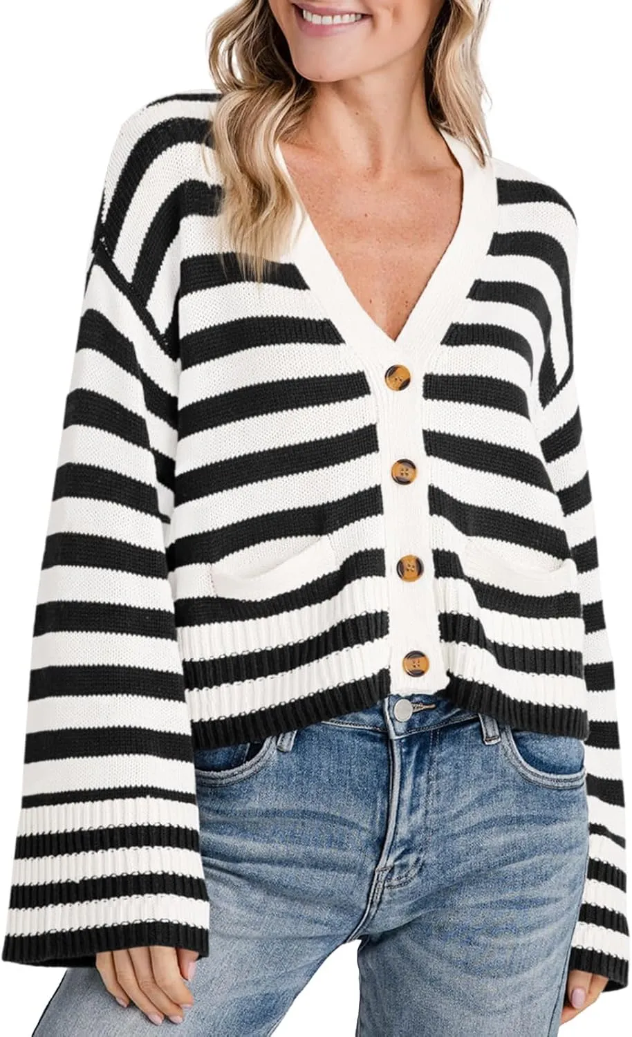 Saodimallsu Womens Striped Cardigan Sweaters Cropped Fall Button Open Front Long Sleeve Knit Sweater Coat with Pockets