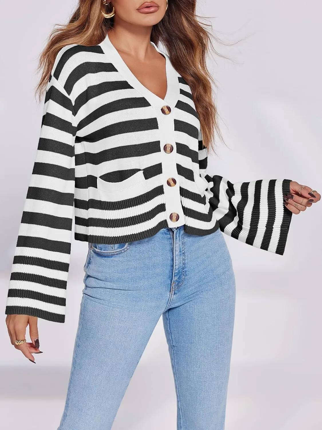 Saodimallsu Womens Striped Cardigan Sweaters Cropped Fall Button Open Front Long Sleeve Knit Sweater Coat with Pockets