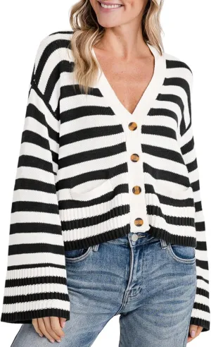 Saodimallsu Womens Striped Cardigan Sweaters Cropped Fall Button Open Front Long Sleeve Knit Sweater Coat with Pockets