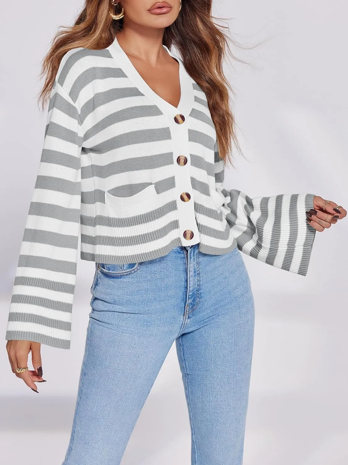 Saodimallsu Womens Striped Cardigan Sweaters Cropped Fall Button Open Front Long Sleeve Knit Sweater Coat with Pockets
