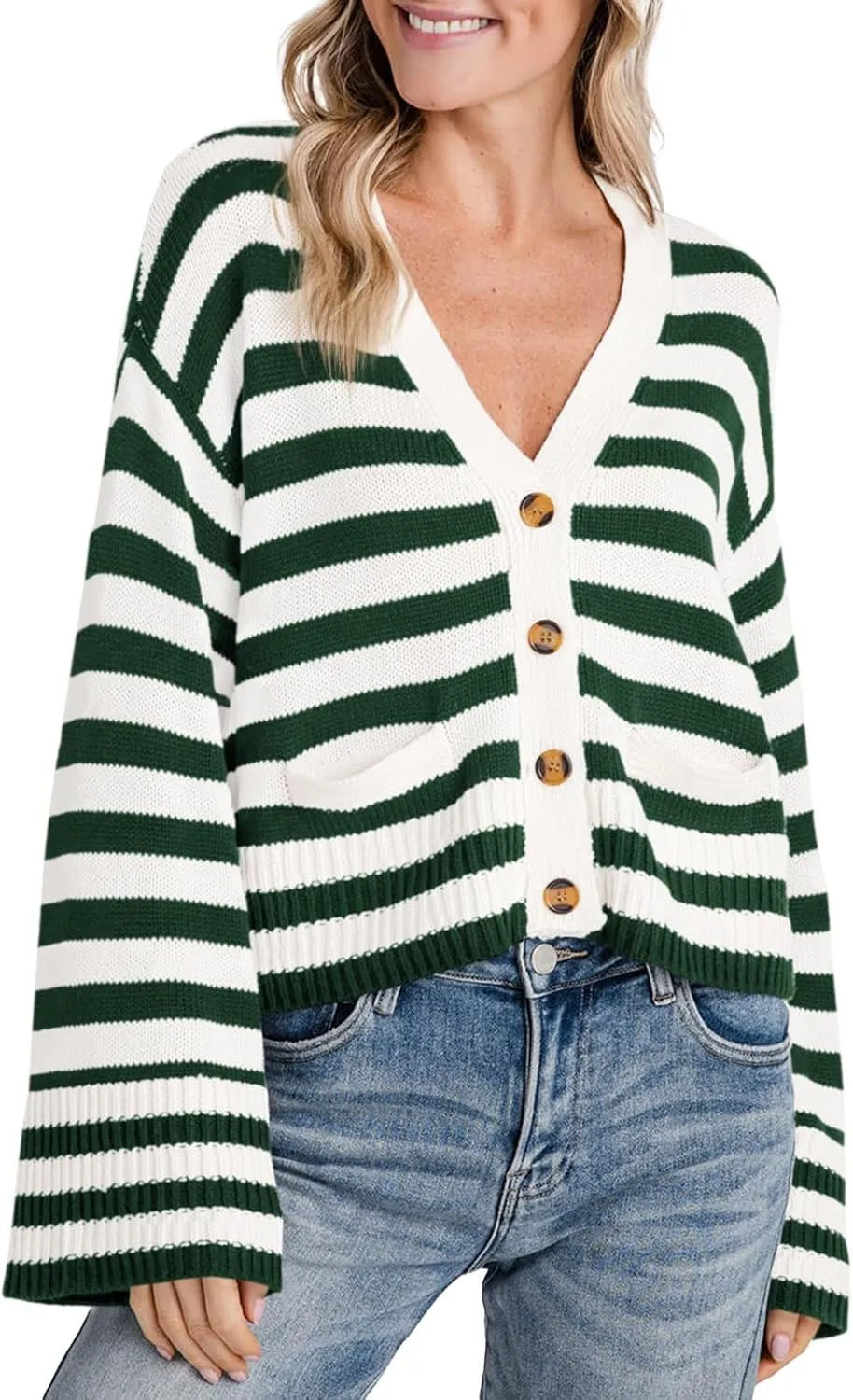 Saodimallsu Womens Striped Cardigan Sweaters Cropped Fall Button Open Front Long Sleeve Knit Sweater Coat with Pockets