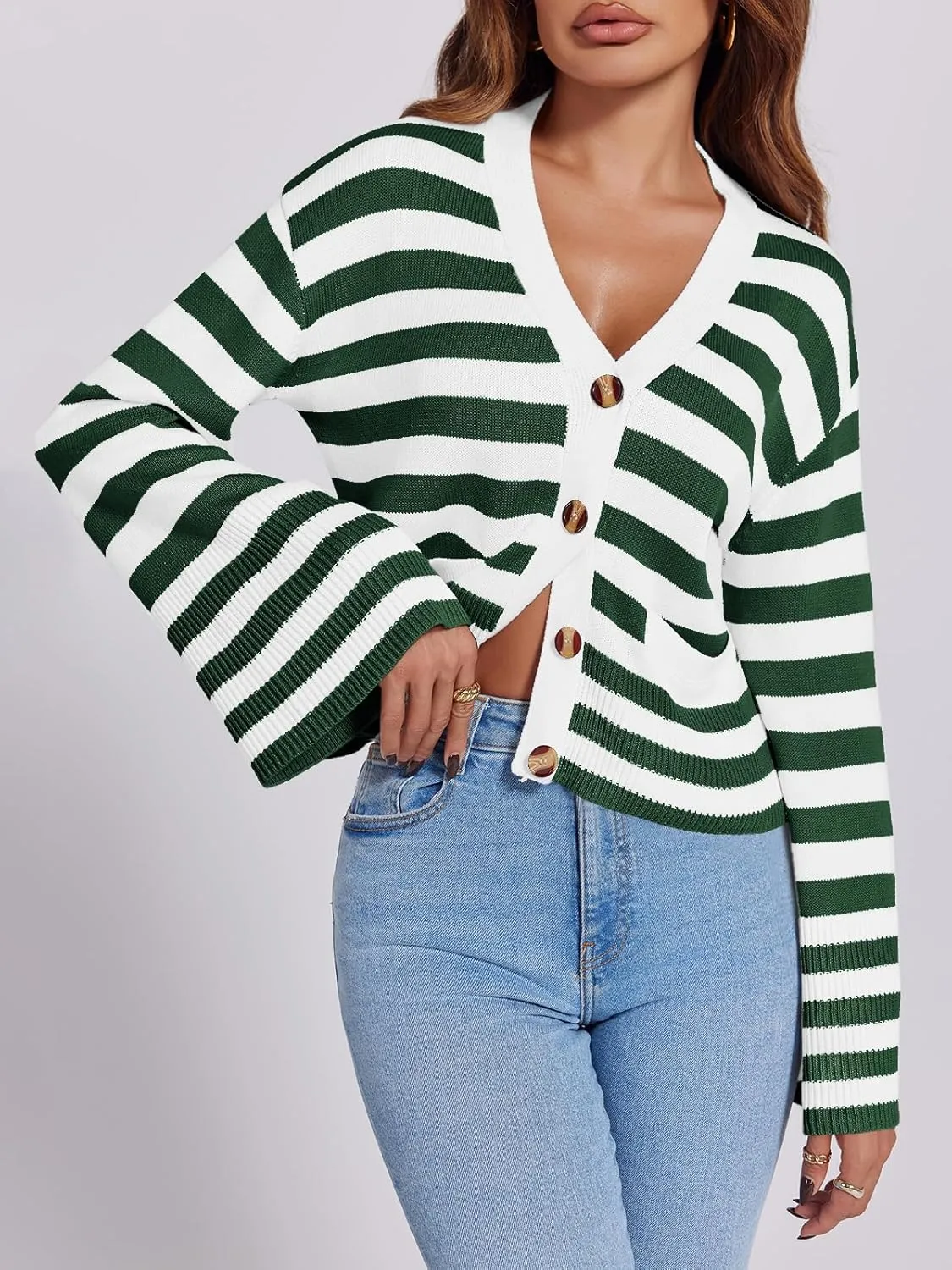 Saodimallsu Womens Striped Cardigan Sweaters Cropped Fall Button Open Front Long Sleeve Knit Sweater Coat with Pockets