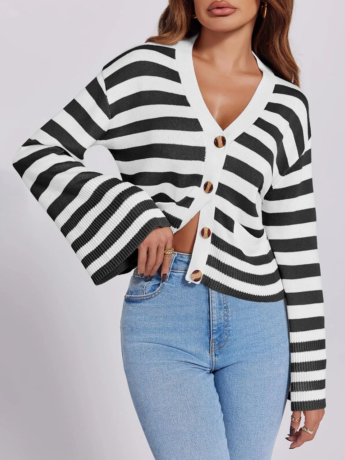 Saodimallsu Womens Striped Cardigan Sweaters Cropped Fall Button Open Front Long Sleeve Knit Sweater Coat with Pockets