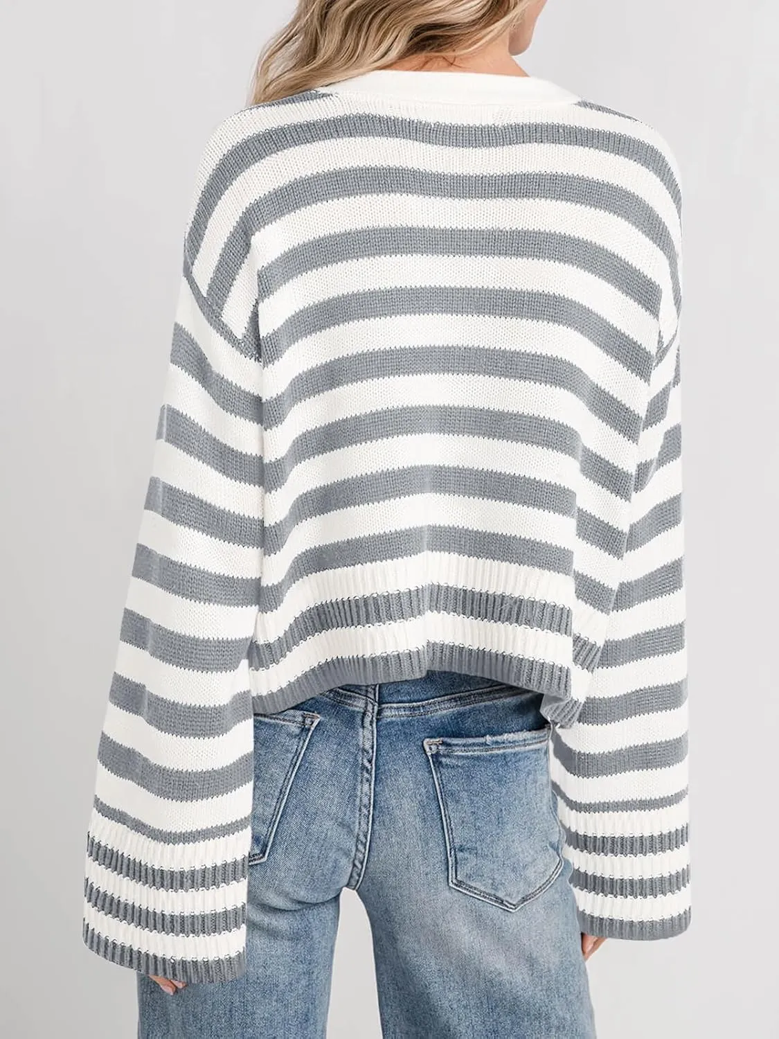 Saodimallsu Womens Striped Cardigan Sweaters Cropped Fall Button Open Front Long Sleeve Knit Sweater Coat with Pockets