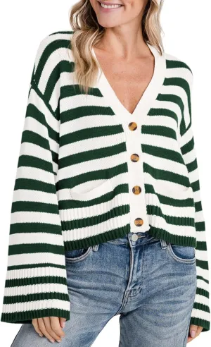 Saodimallsu Womens Striped Cardigan Sweaters Cropped Fall Button Open Front Long Sleeve Knit Sweater Coat with Pockets
