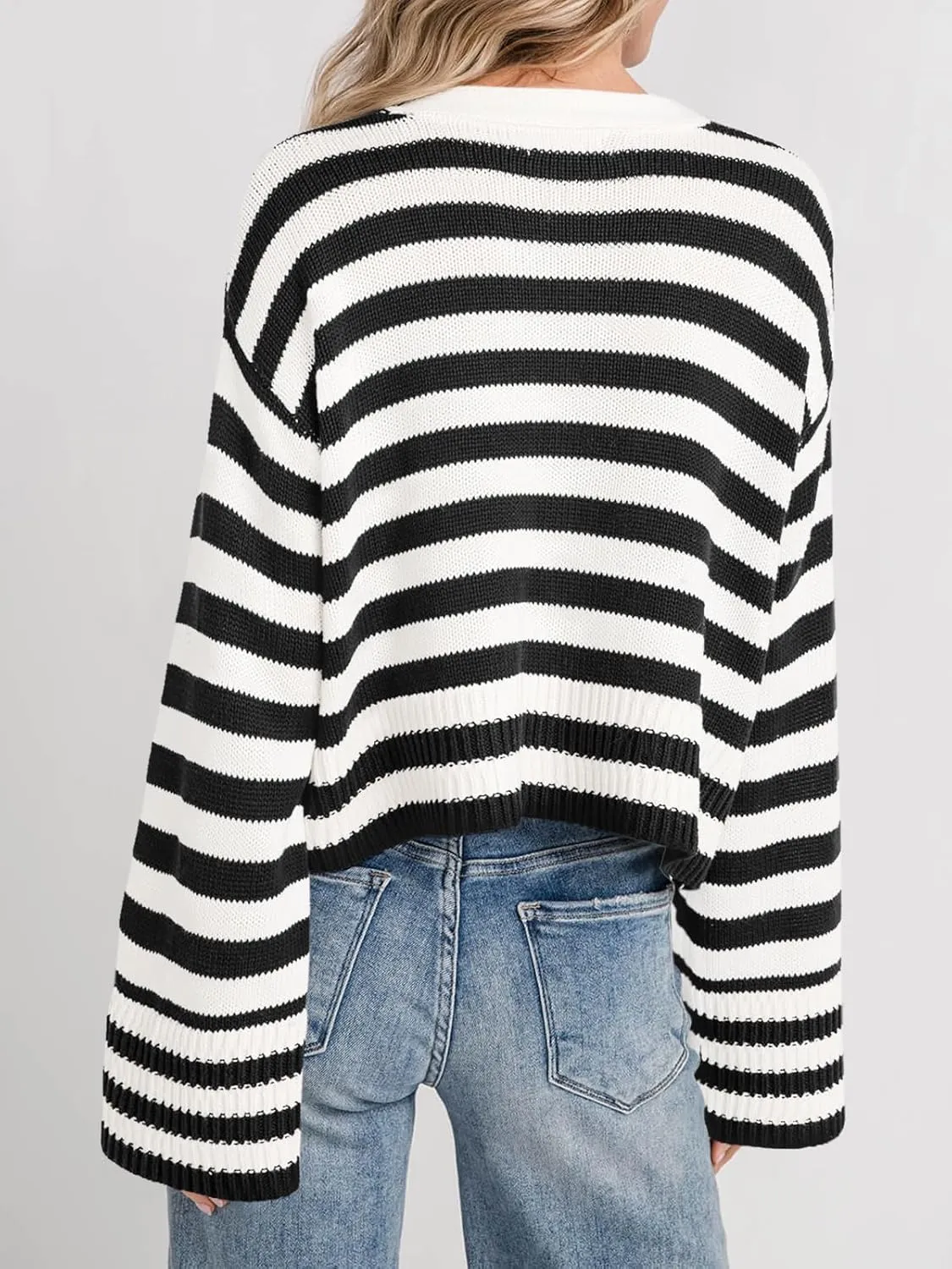 Saodimallsu Womens Striped Cardigan Sweaters Cropped Fall Button Open Front Long Sleeve Knit Sweater Coat with Pockets