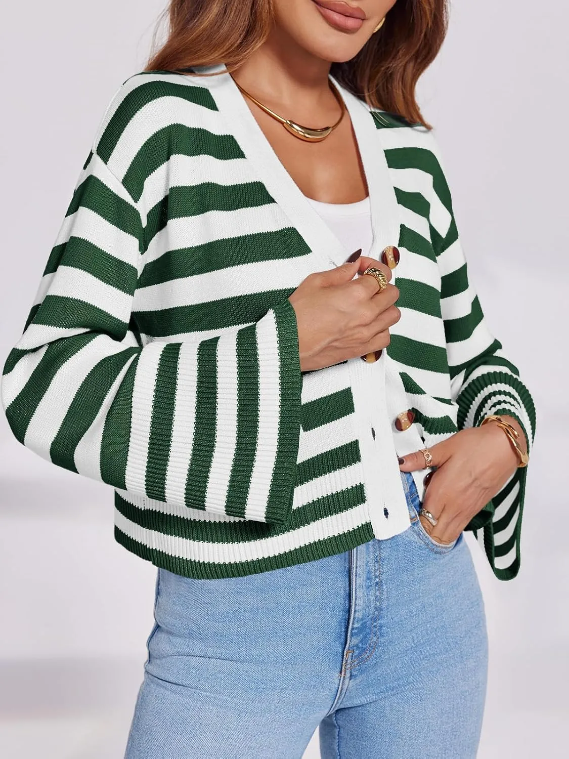 Saodimallsu Womens Striped Cardigan Sweaters Cropped Fall Button Open Front Long Sleeve Knit Sweater Coat with Pockets