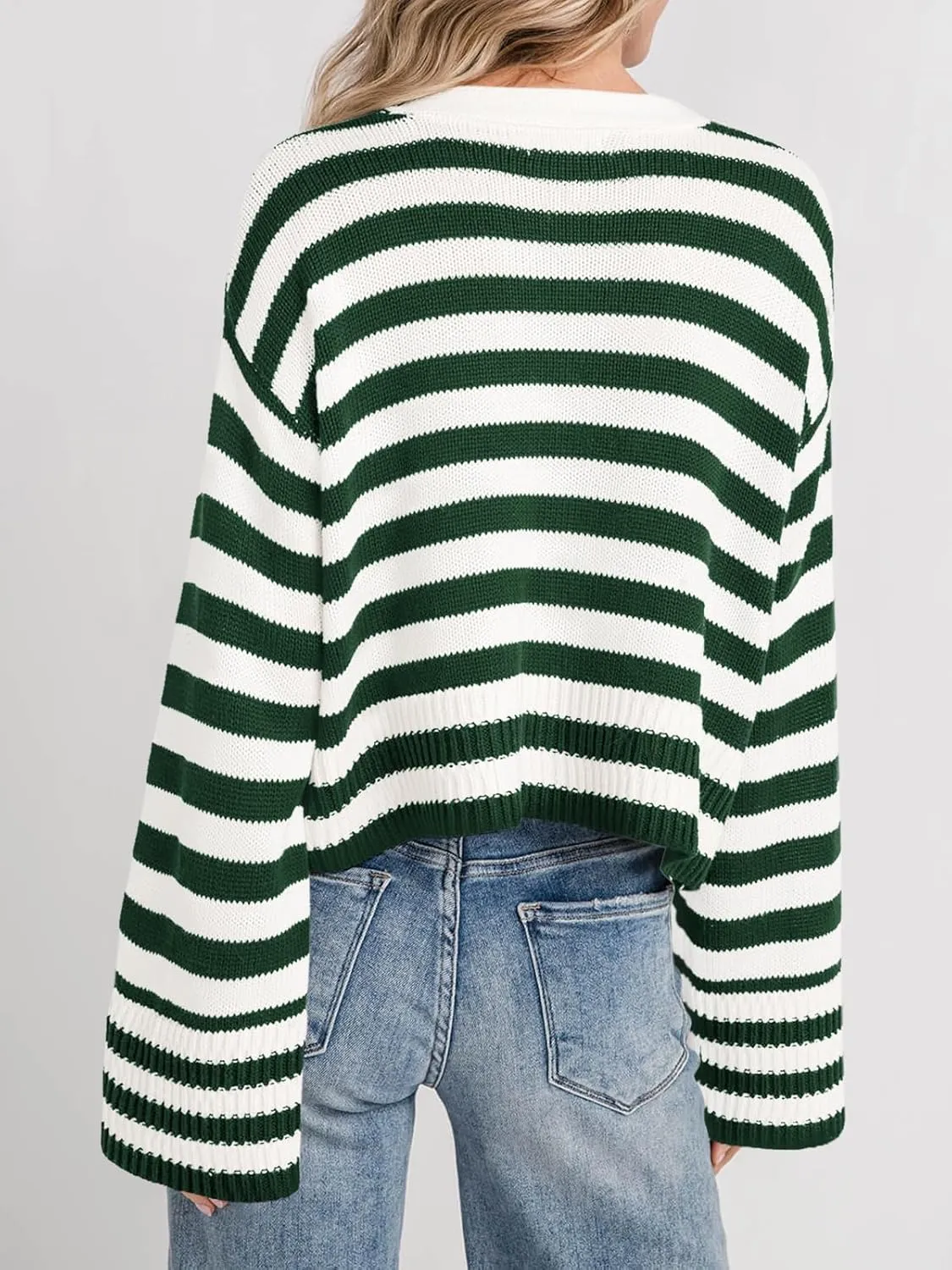 Saodimallsu Womens Striped Cardigan Sweaters Cropped Fall Button Open Front Long Sleeve Knit Sweater Coat with Pockets