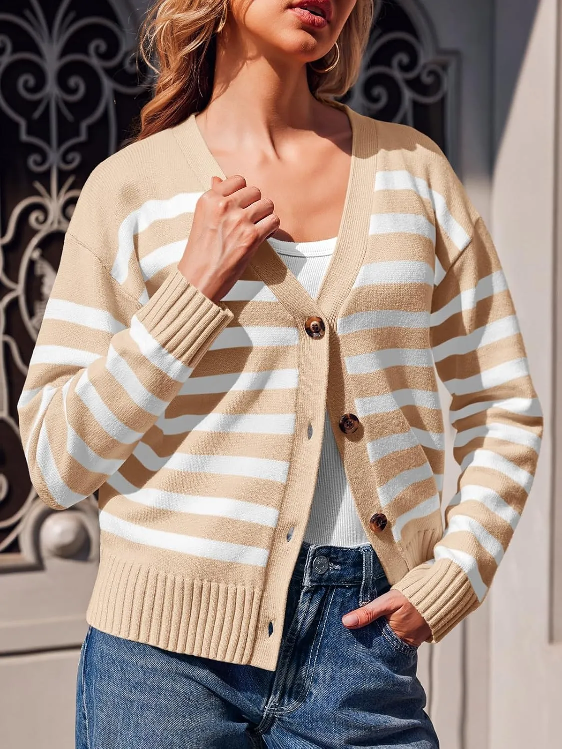 Saodimallsu Womens Striped Cardigan Sweaters V Neck Button Down Long Sleeve Open Front Ribbed Knit Outerwear