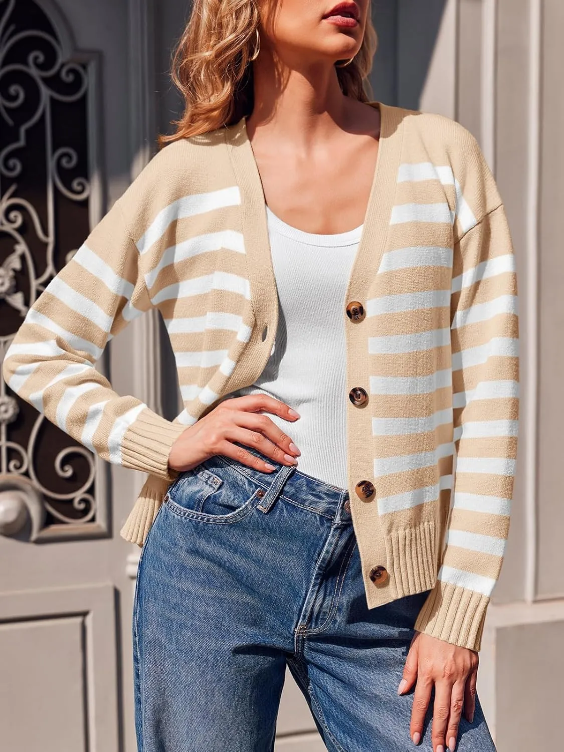 Saodimallsu Womens Striped Cardigan Sweaters V Neck Button Down Long Sleeve Open Front Ribbed Knit Outerwear