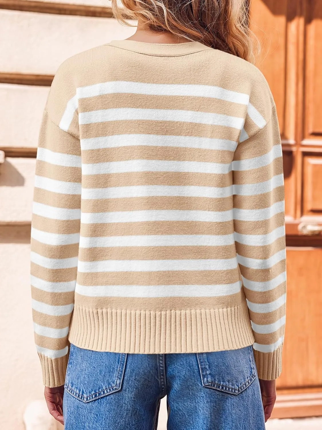 Saodimallsu Womens Striped Cardigan Sweaters V Neck Button Down Long Sleeve Open Front Ribbed Knit Outerwear