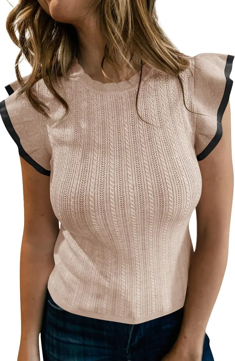 Saodimallsu Womens Summer Sleeveless Sweaters Vest Slimming Crewneck Cable Knit Ruffle Sweater Tank Tops Casual Work Tops