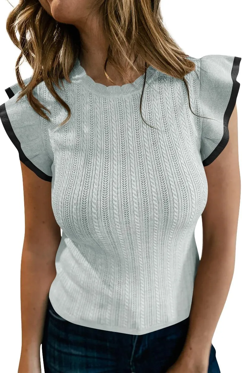 Saodimallsu Womens Summer Sleeveless Sweaters Vest Slimming Crewneck Cable Knit Ruffle Sweater Tank Tops Casual Work Tops
