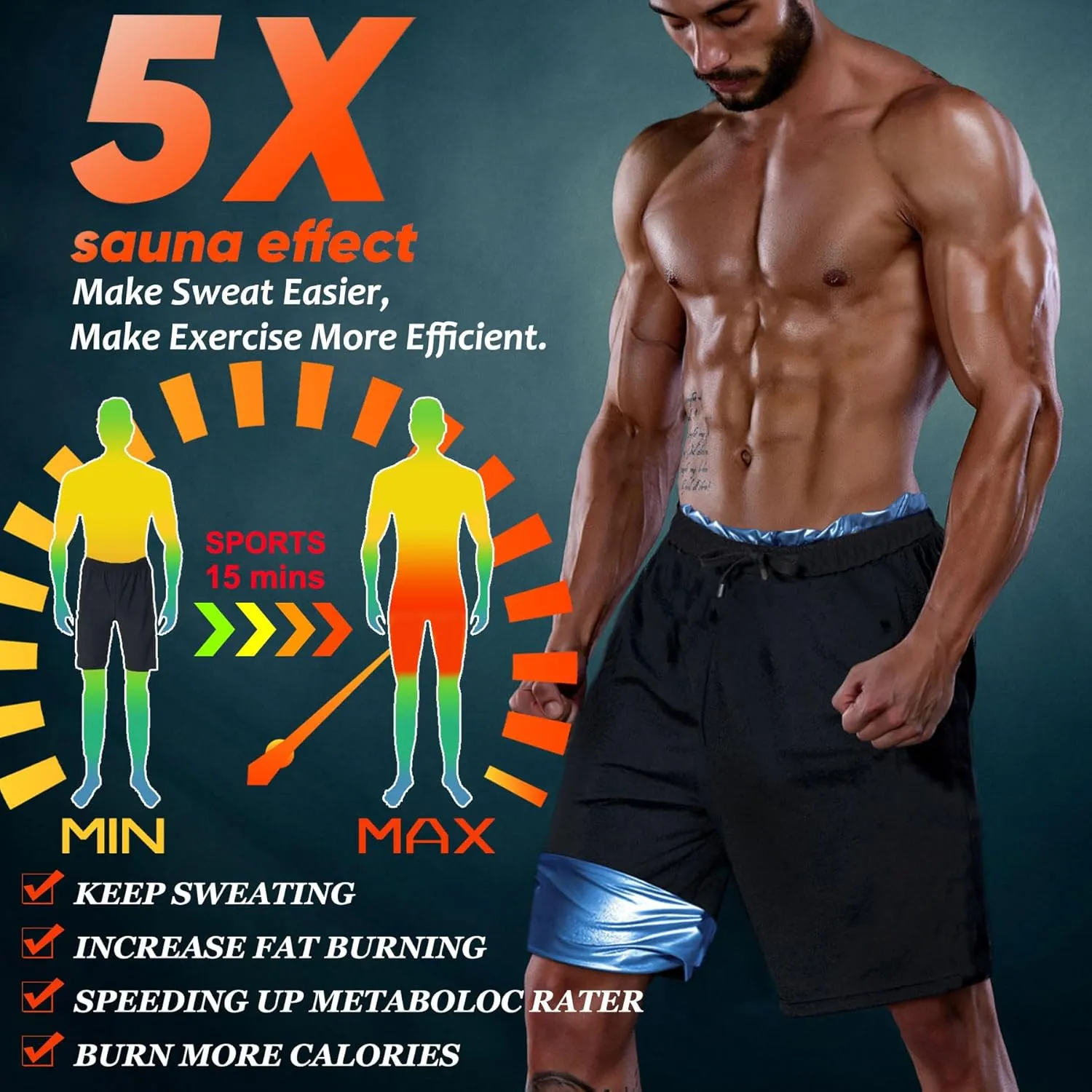 Sauna Shorts for Men Sweat Pants with Drawstring, Heat Trapping Sweat Shorts Sauna Suit for Men Workout Gym Exercise
