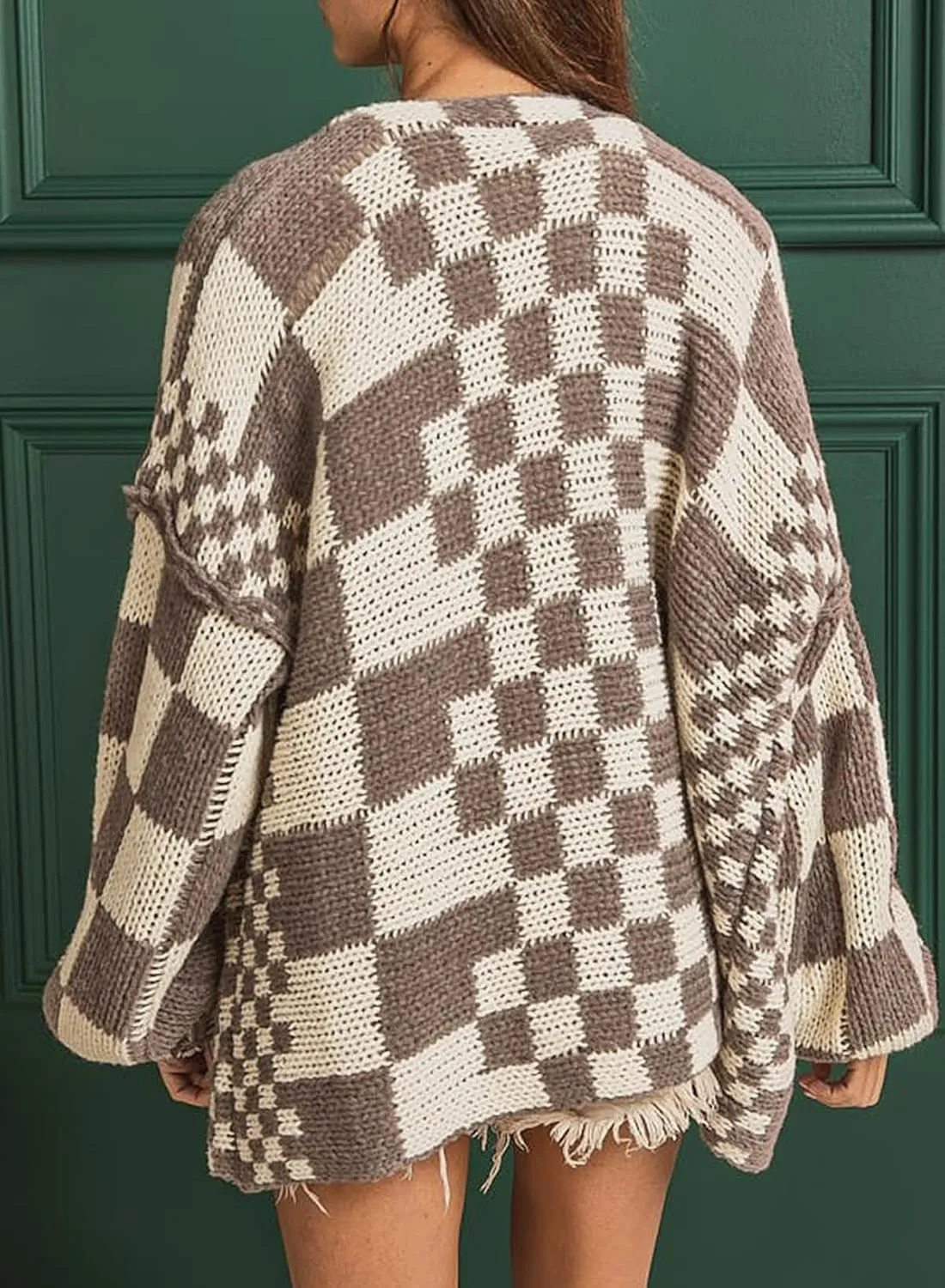 SELINK Women's Cardigan Sweater Vintage Open Front Mixed Checkered Pattern Chunky Knit Plaid Long Sleeve Daily Outwear
