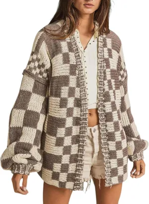 SELINK Women's Cardigan Sweater Vintage Open Front Mixed Checkered Pattern Chunky Knit Plaid Long Sleeve Daily Outwear