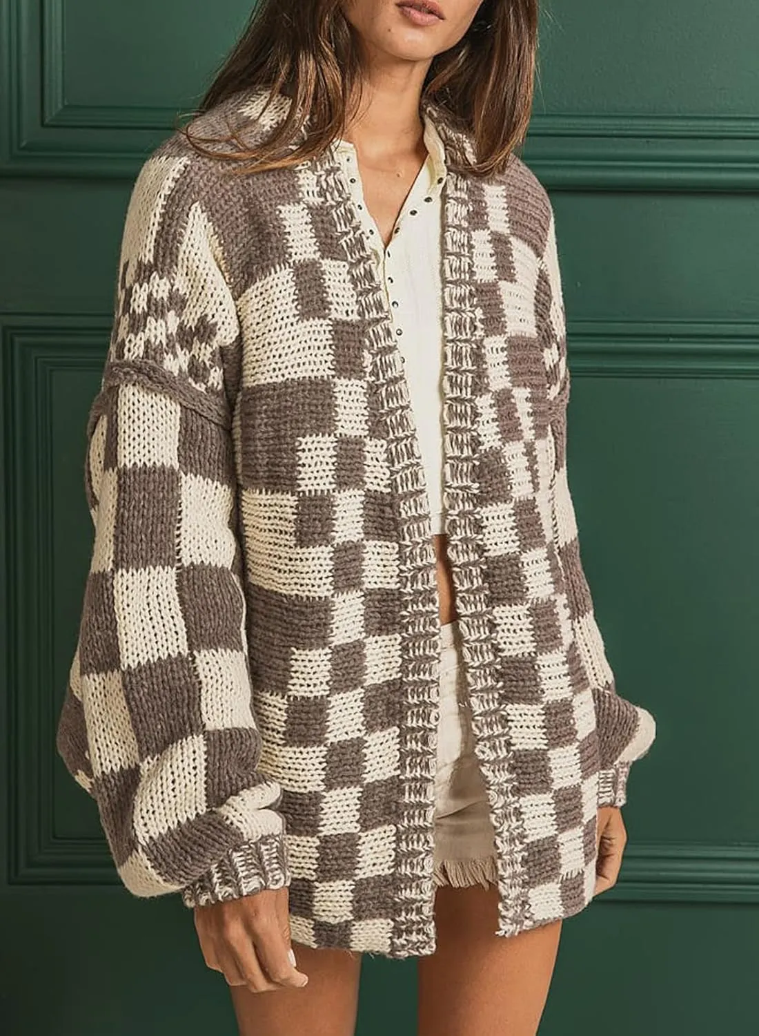 SELINK Women's Cardigan Sweater Vintage Open Front Mixed Checkered Pattern Chunky Knit Plaid Long Sleeve Daily Outwear