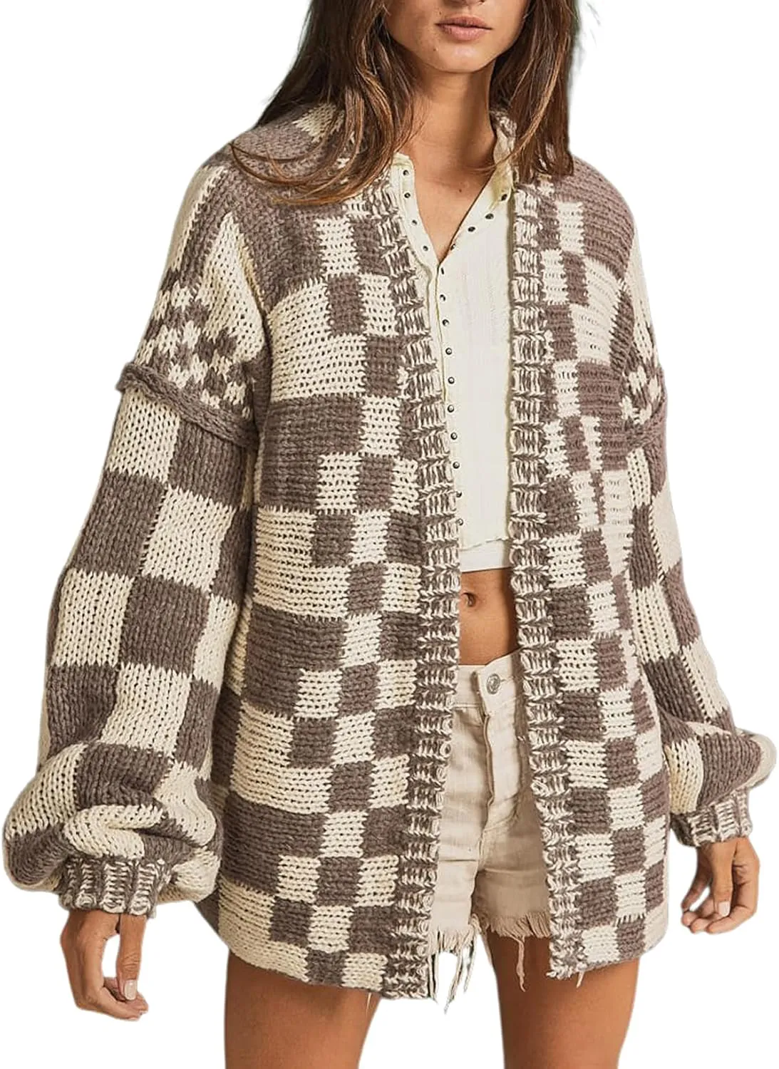 SELINK Women's Cardigan Sweater Vintage Open Front Mixed Checkered Pattern Chunky Knit Plaid Long Sleeve Daily Outwear