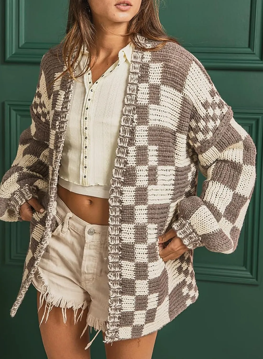 SELINK Women's Cardigan Sweater Vintage Open Front Mixed Checkered Pattern Chunky Knit Plaid Long Sleeve Daily Outwear