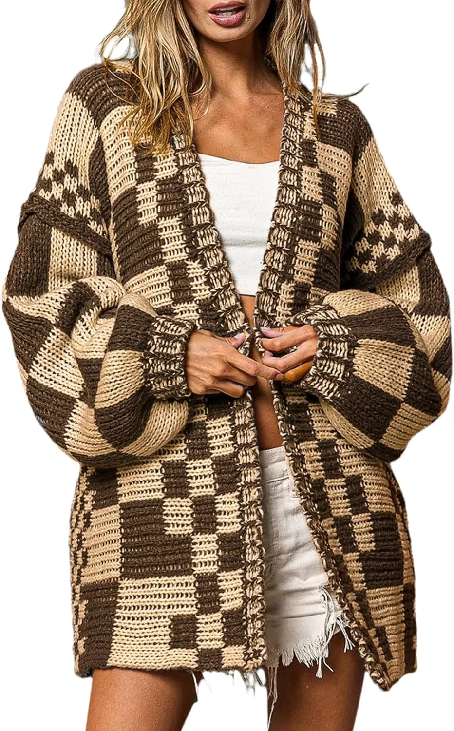 SELINK Women's Cardigan Sweater Vintage Open Front Mixed Checkered Pattern Chunky Knit Plaid Long Sleeve Daily Outwear