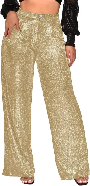 Sequin Pants Women Sparkly Glitter High Waisted Wide Leg Flare Trousers Bell Bottom Night Out Clubwear Party Pants