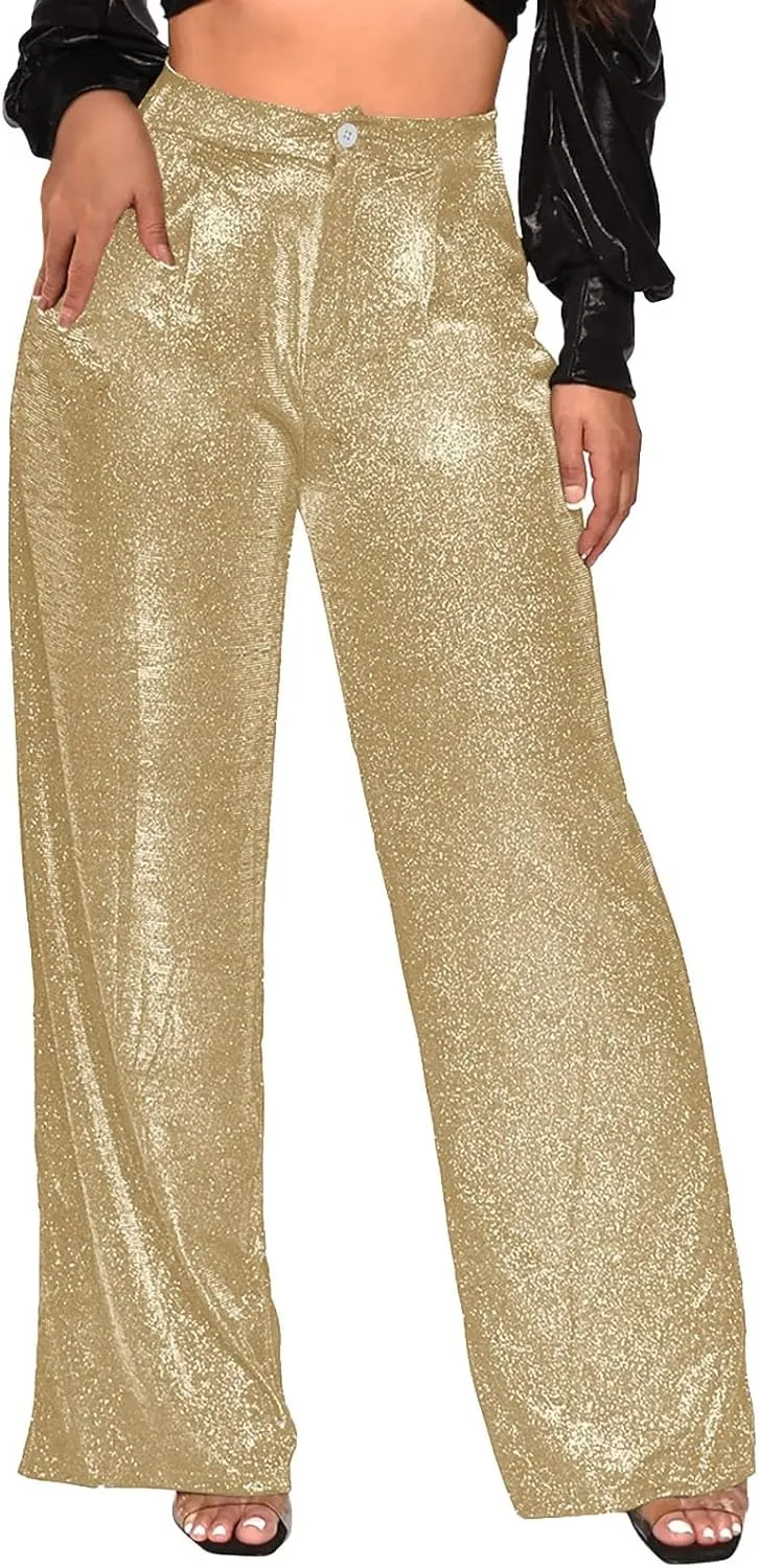 Sequin Pants Women Sparkly Glitter High Waisted Wide Leg Flare Trousers Bell Bottom Night Out Clubwear Party Pants