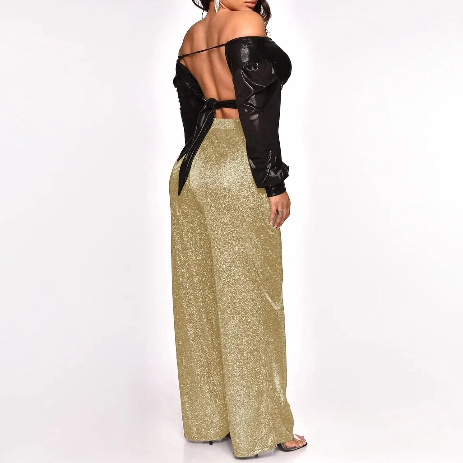 Sequin Pants Women Sparkly Glitter High Waisted Wide Leg Flare Trousers Bell Bottom Night Out Clubwear Party Pants