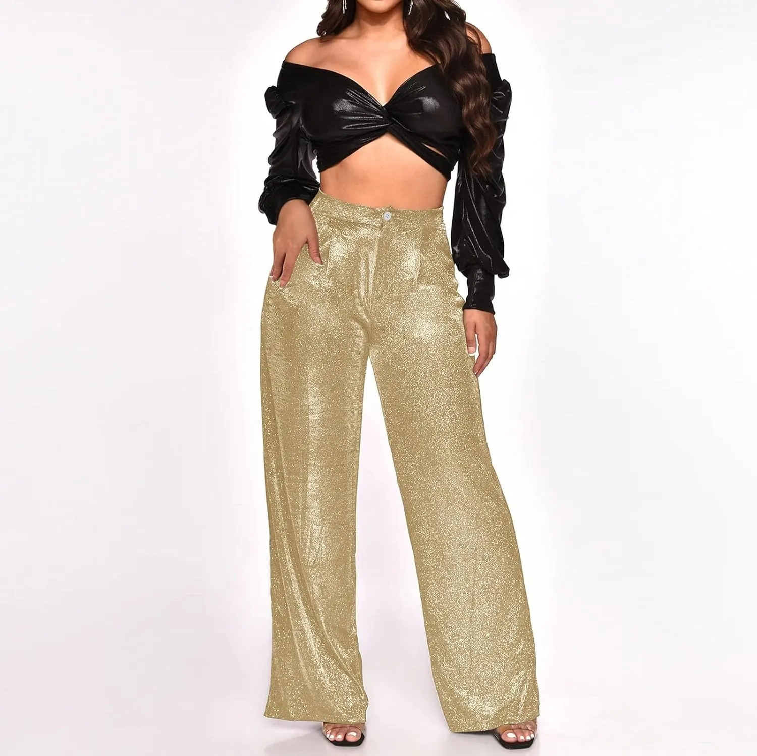 Sequin Pants Women Sparkly Glitter High Waisted Wide Leg Flare Trousers Bell Bottom Night Out Clubwear Party Pants