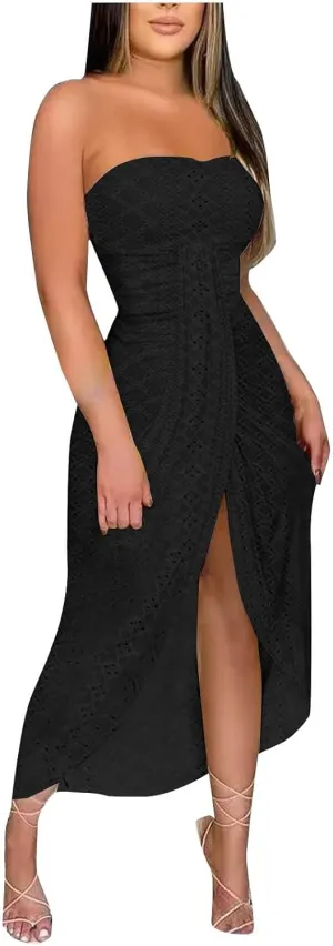 Sexy Dresses for Women Trendy Strapless Wrap Slit Eyelet Dress Fashion High Waist Ruched Bodycon Cocktail Party Dress