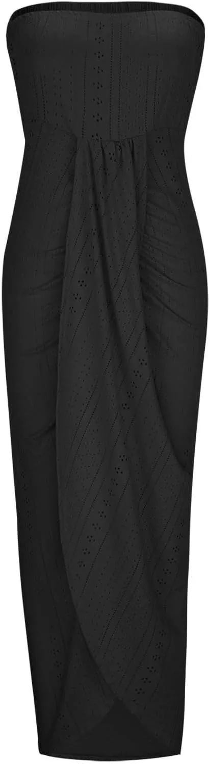 Sexy Dresses for Women Trendy Strapless Wrap Slit Eyelet Dress Fashion High Waist Ruched Bodycon Cocktail Party Dress