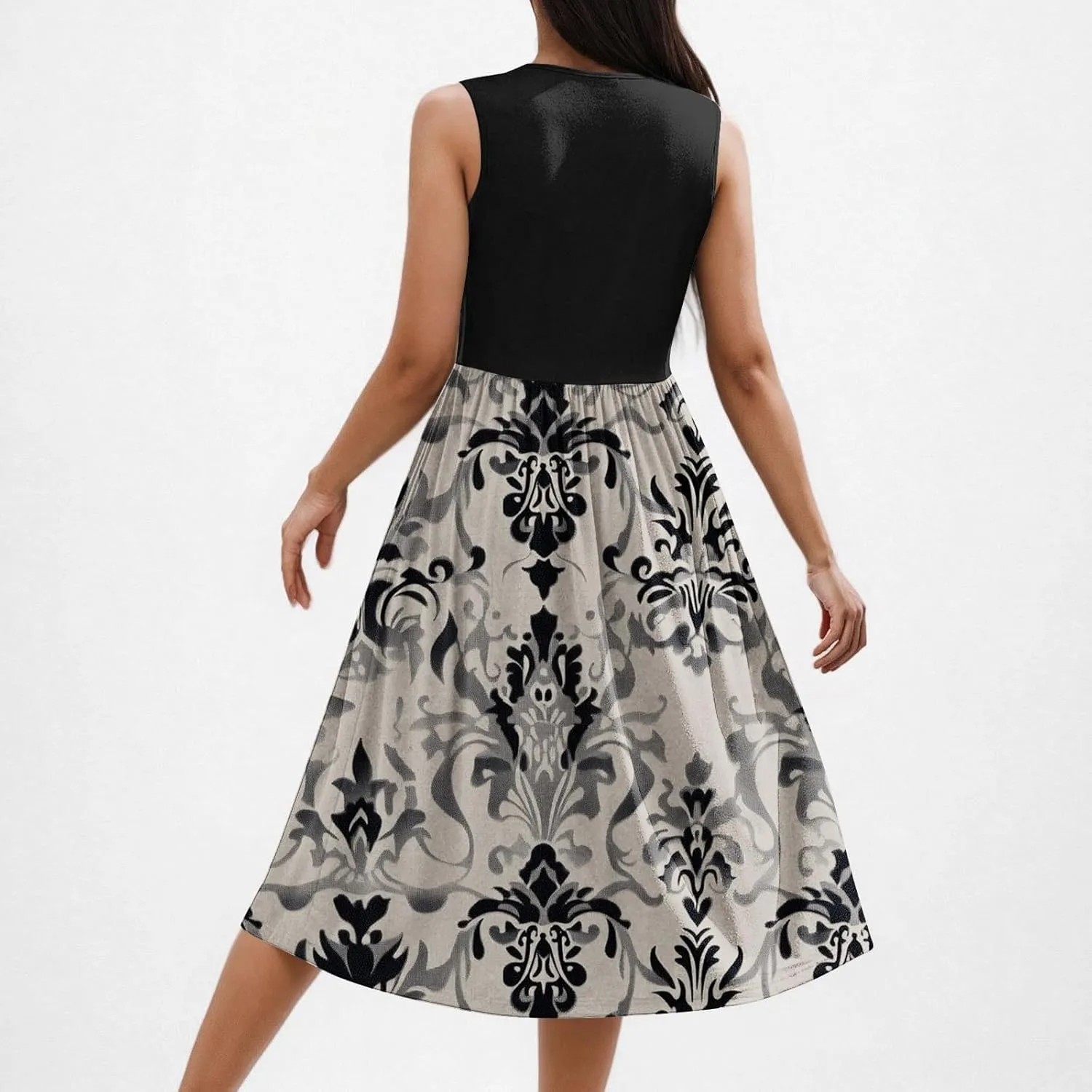 Sexy Summer Dresses for Women Sleeveless Floral Midi Dress Crew Neck Ruffle Dress Holiday Vacation Outfits