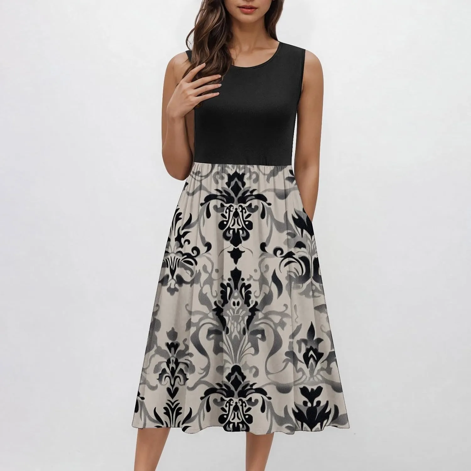 Sexy Summer Dresses for Women Sleeveless Floral Midi Dress Crew Neck Ruffle Dress Holiday Vacation Outfits