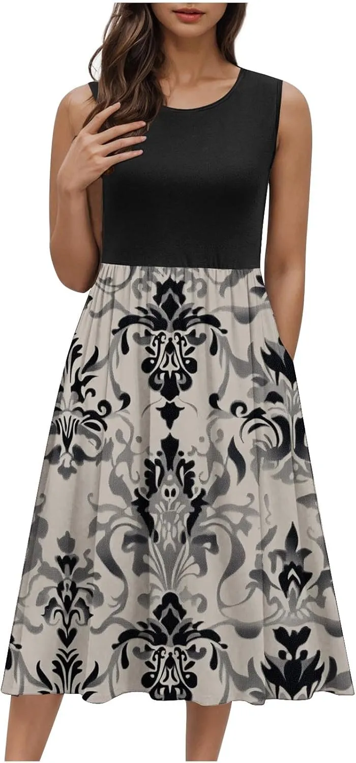 Sexy Summer Dresses for Women Sleeveless Floral Midi Dress Crew Neck Ruffle Dress Holiday Vacation Outfits