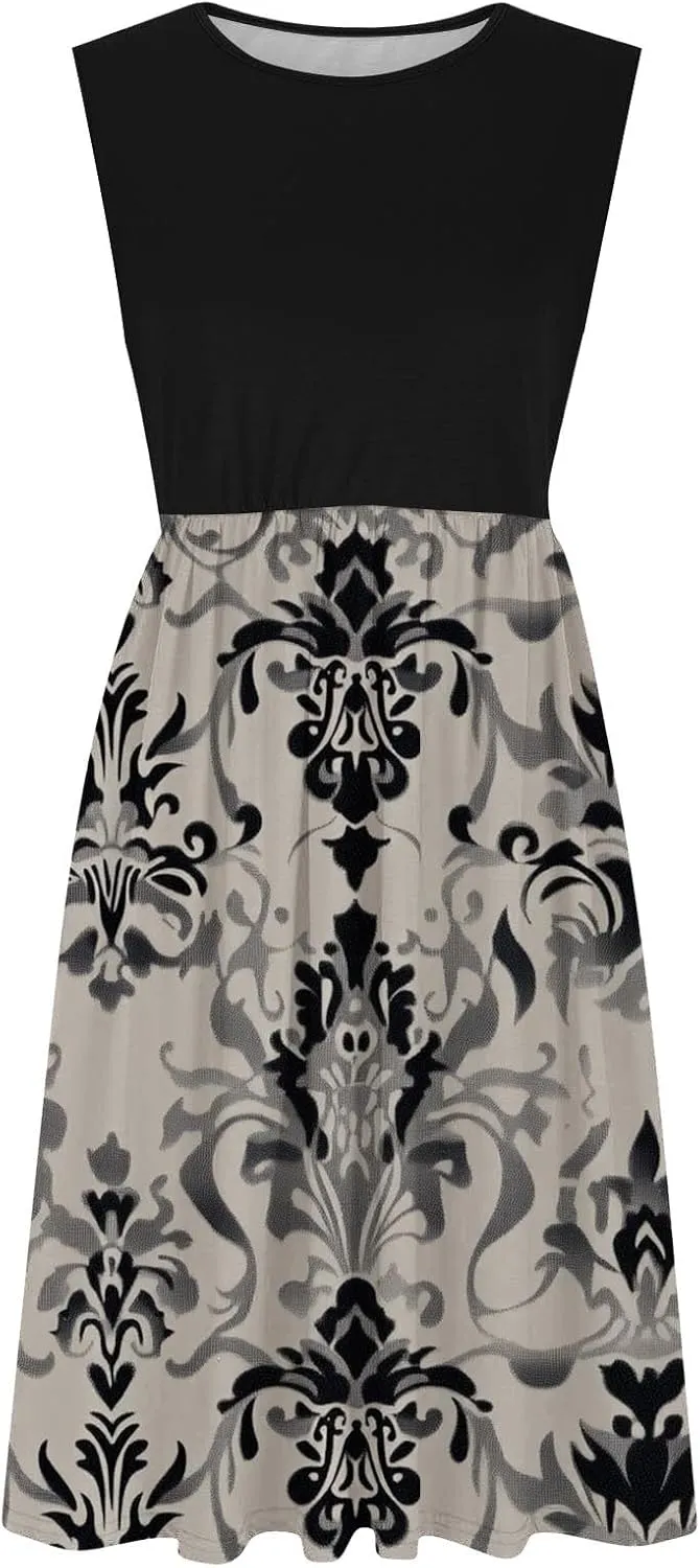 Sexy Summer Dresses for Women Sleeveless Floral Midi Dress Crew Neck Ruffle Dress Holiday Vacation Outfits